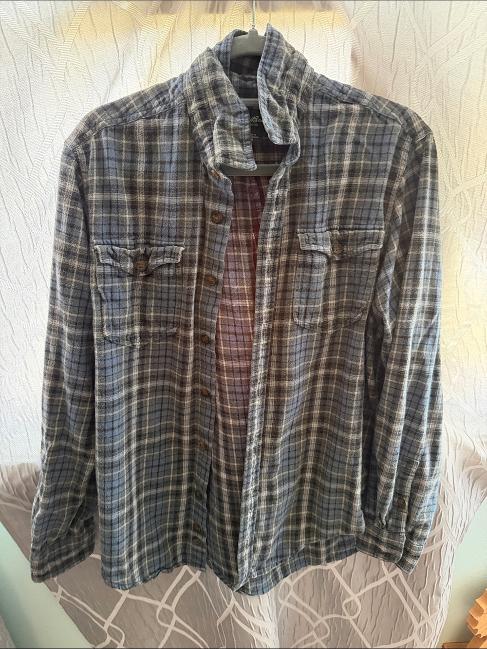 Eddie Bauer Gray and Blue Plaid Flannel Shirt